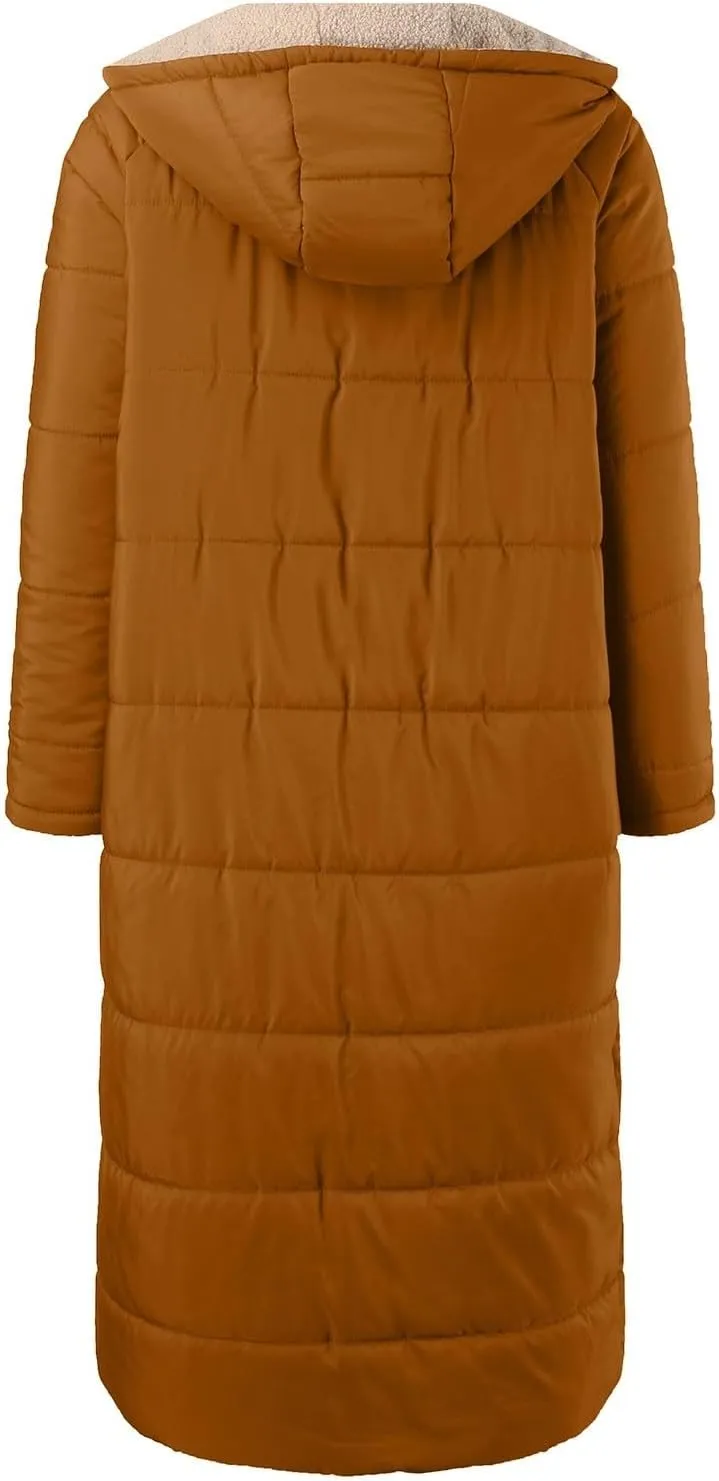 2024 Thick Solid Zipper Length Puffer Coat for Womens Long Sleeve Pockets Down Coat Casual Warm Fitted Fleece Coat