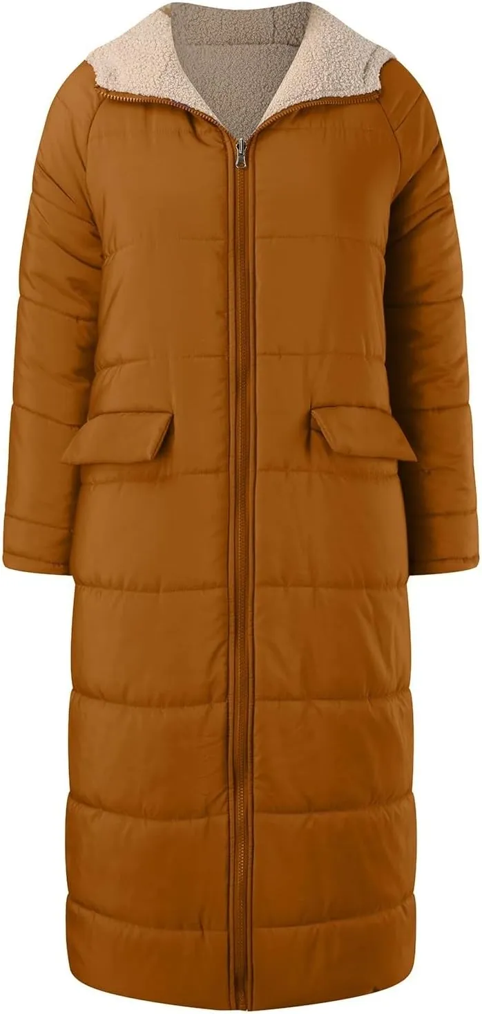 2024 Thick Solid Zipper Length Puffer Coat for Womens Long Sleeve Pockets Down Coat Casual Warm Fitted Fleece Coat