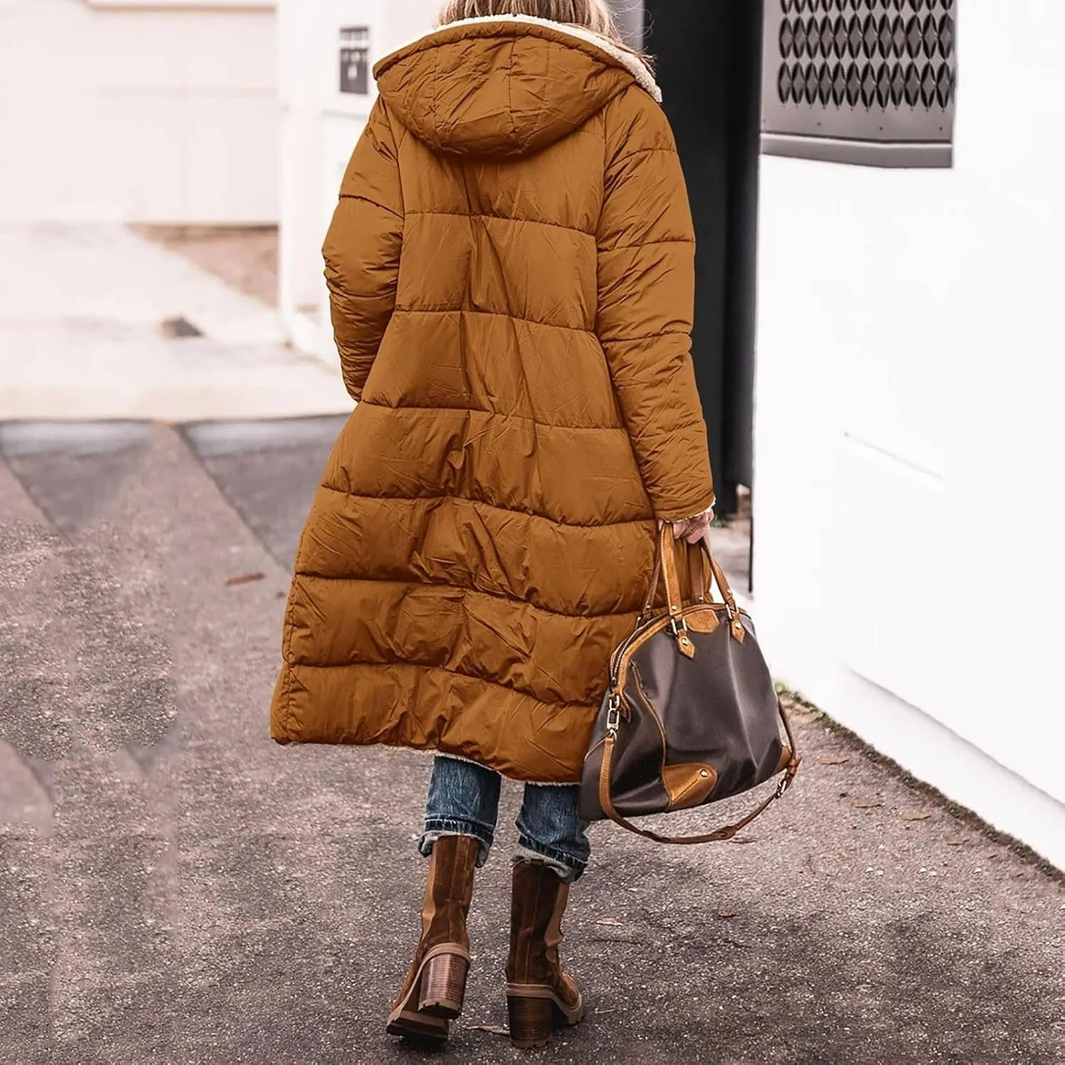 2024 Thick Solid Zipper Length Puffer Coat for Womens Long Sleeve Pockets Down Coat Casual Warm Fitted Fleece Coat
