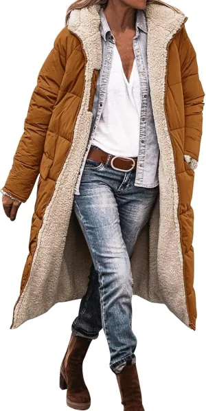 2024 Thick Solid Zipper Length Puffer Coat for Womens Long Sleeve Pockets Down Coat Casual Warm Fitted Fleece Coat