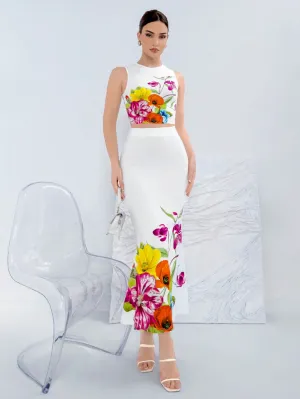 2pcs Women's Floral Printed Crop Top And Mermaid Skirt Set