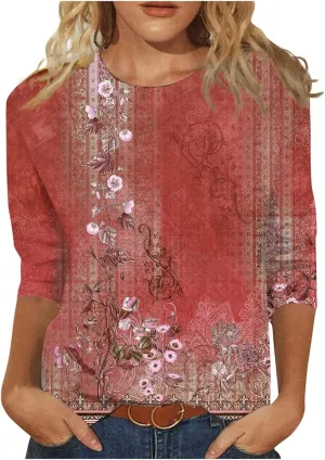 3/4 Length Sleeve Womens Tops Women's Casual Round Neck Tunic Tops Basic Tees Blouses Loose Fit Business Work Tee 2025 Summer