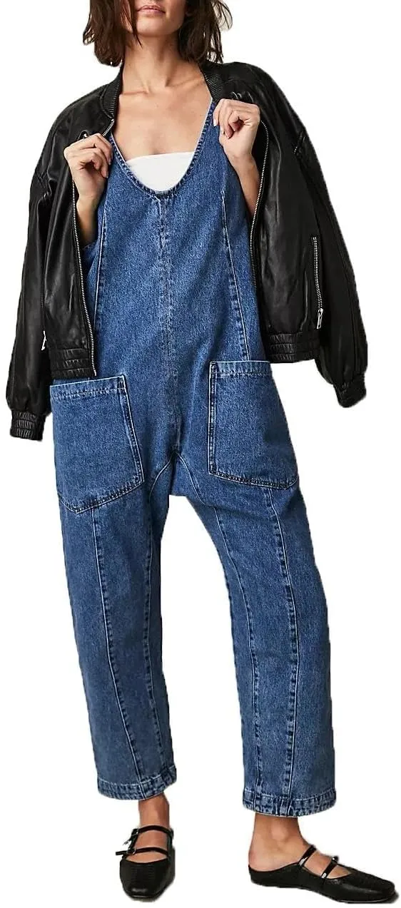 Akivide Womens Baggy Loose Denim Jumpsuits Sleeveless V Neck Adjustable Strap Jeans Long Pants Overall Rompers with Pockets