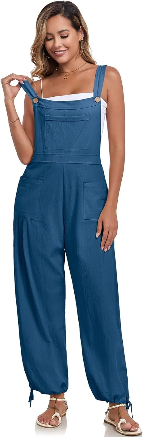 ALSOGO Womens Wide Leg Overalls Loose Beach Vacation Outfits Jumpsuits 2025 Causal Sleeveless Rompers with Pockets