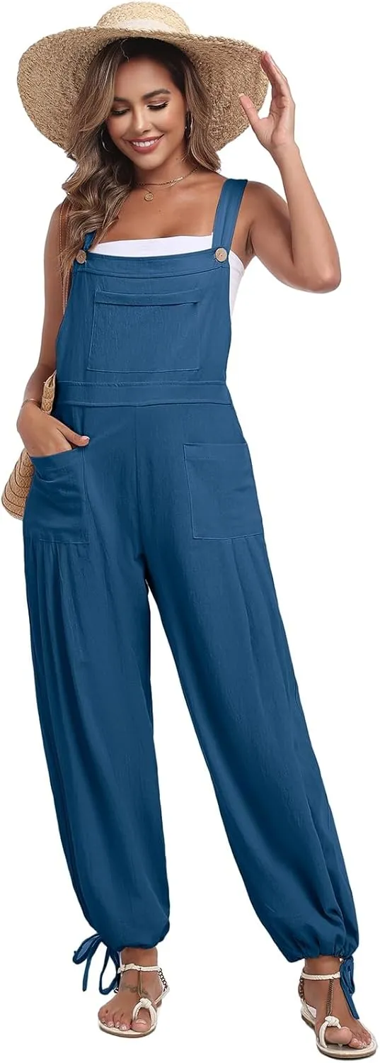 ALSOGO Womens Wide Leg Overalls Loose Beach Vacation Outfits Jumpsuits 2025 Causal Sleeveless Rompers with Pockets