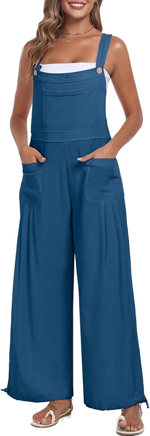 ALSOGO Womens Wide Leg Overalls Loose Beach Vacation Outfits Jumpsuits 2025 Causal Sleeveless Rompers with Pockets