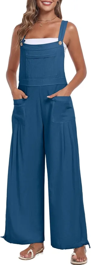 ALSOGO Womens Wide Leg Overalls Loose Beach Vacation Outfits Jumpsuits 2025 Causal Sleeveless Rompers with Pockets