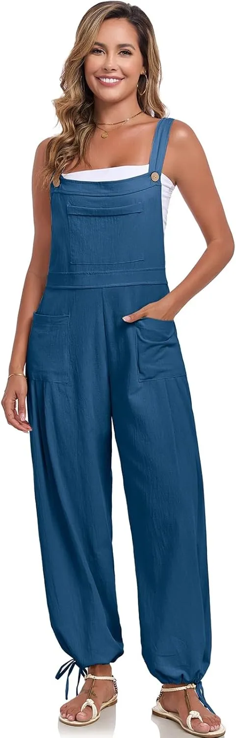 ALSOGO Womens Wide Leg Overalls Loose Beach Vacation Outfits Jumpsuits 2025 Causal Sleeveless Rompers with Pockets