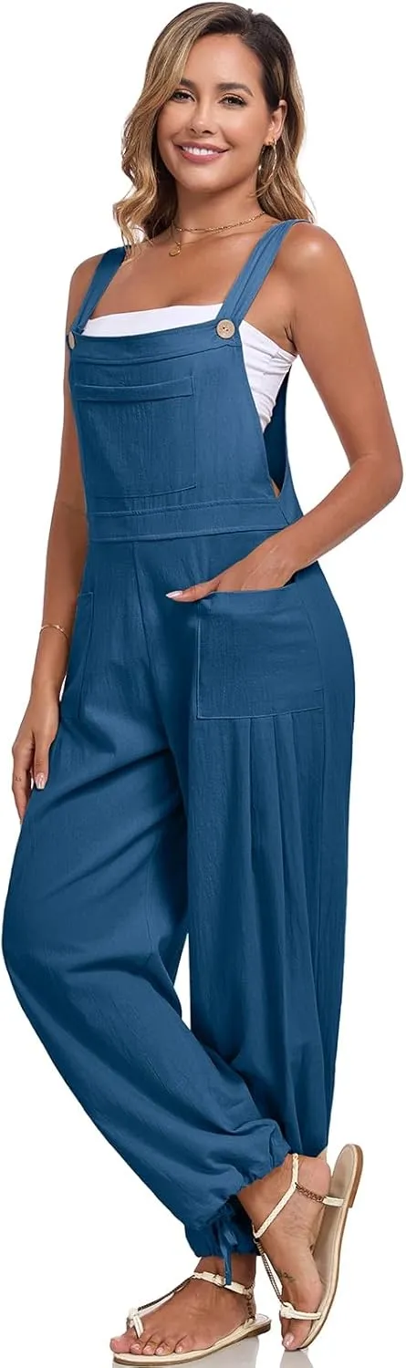 ALSOGO Womens Wide Leg Overalls Loose Beach Vacation Outfits Jumpsuits 2025 Causal Sleeveless Rompers with Pockets