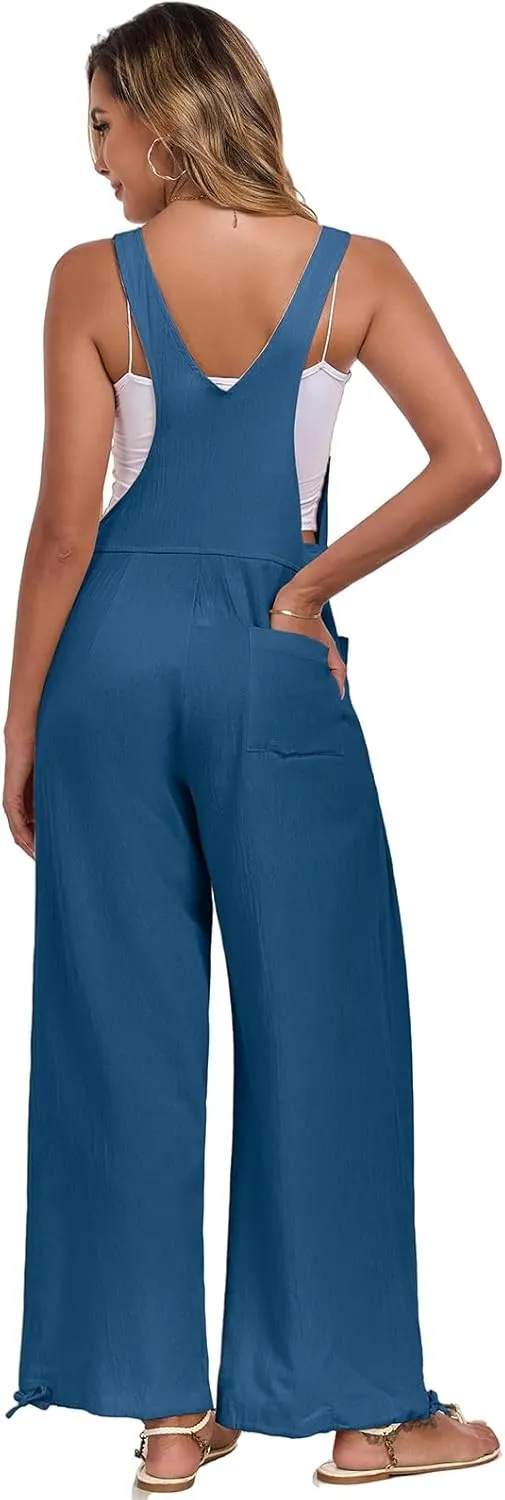 ALSOGO Womens Wide Leg Overalls Loose Beach Vacation Outfits Jumpsuits 2025 Causal Sleeveless Rompers with Pockets