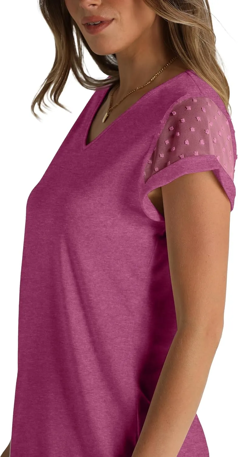Aokosor Womens Tops Summer V Neck T Shirts Swiss Dot Cap Sleeve Tops Loose Casual Blouses