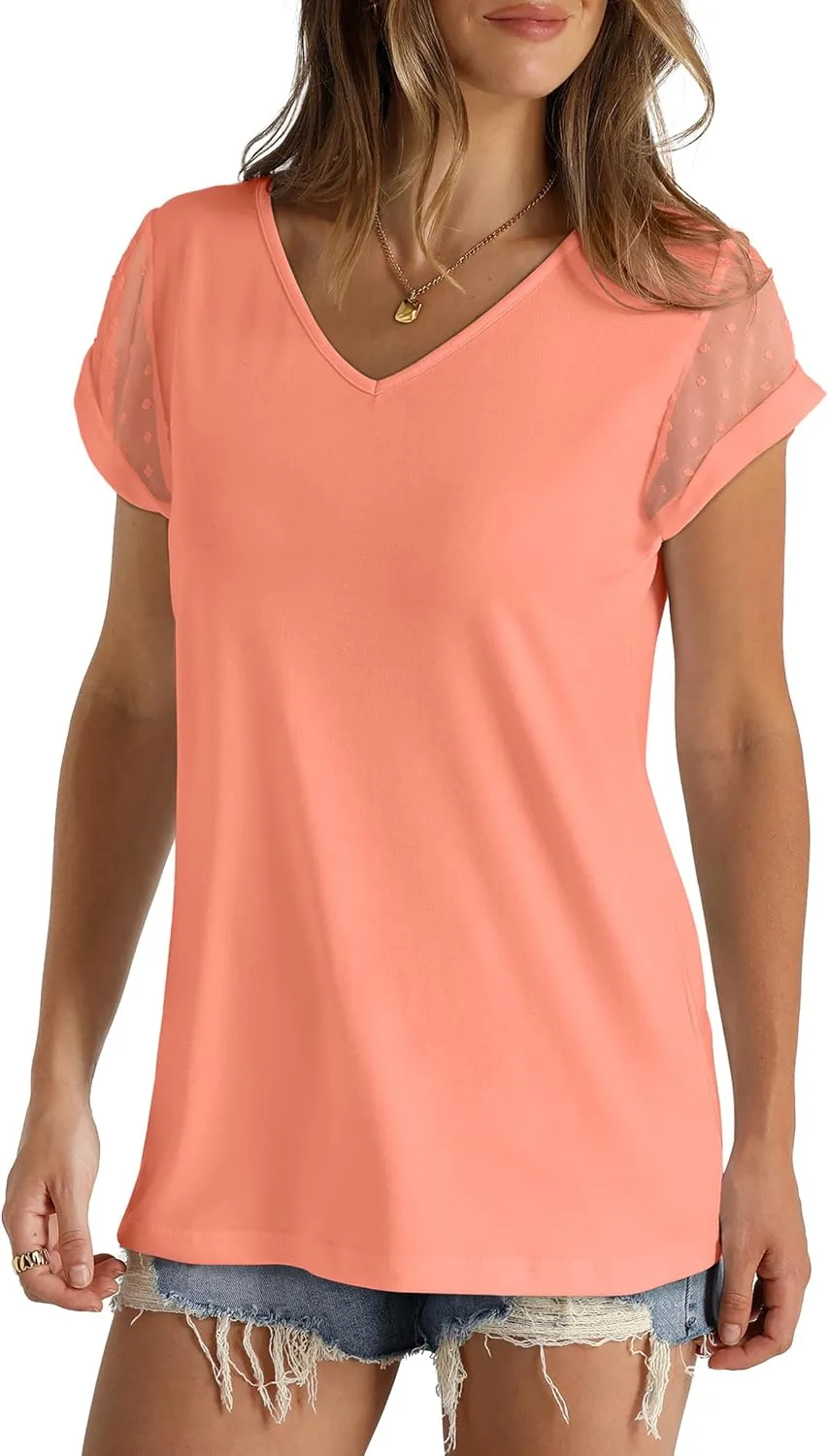 Aokosor Womens Tops Summer V Neck T Shirts Swiss Dot Cap Sleeve Tops Loose Casual Blouses