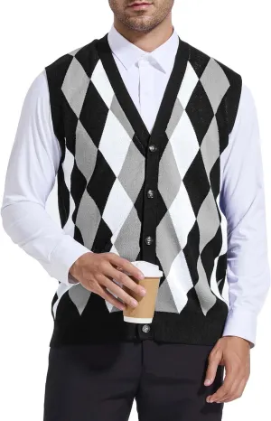 Beotyshow Mens Argyle Sweater Vests V Neck Sleeveless Cardigan Vest Knitwear