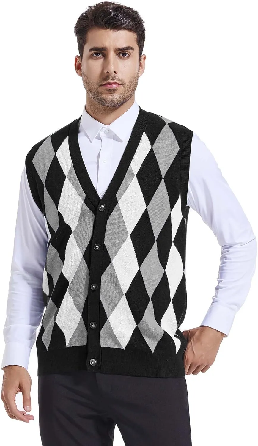 Beotyshow Mens Argyle Sweater Vests V Neck Sleeveless Cardigan Vest Knitwear