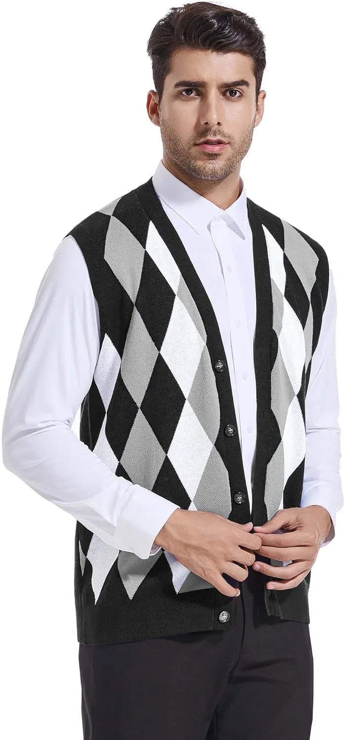Beotyshow Mens Argyle Sweater Vests V Neck Sleeveless Cardigan Vest Knitwear