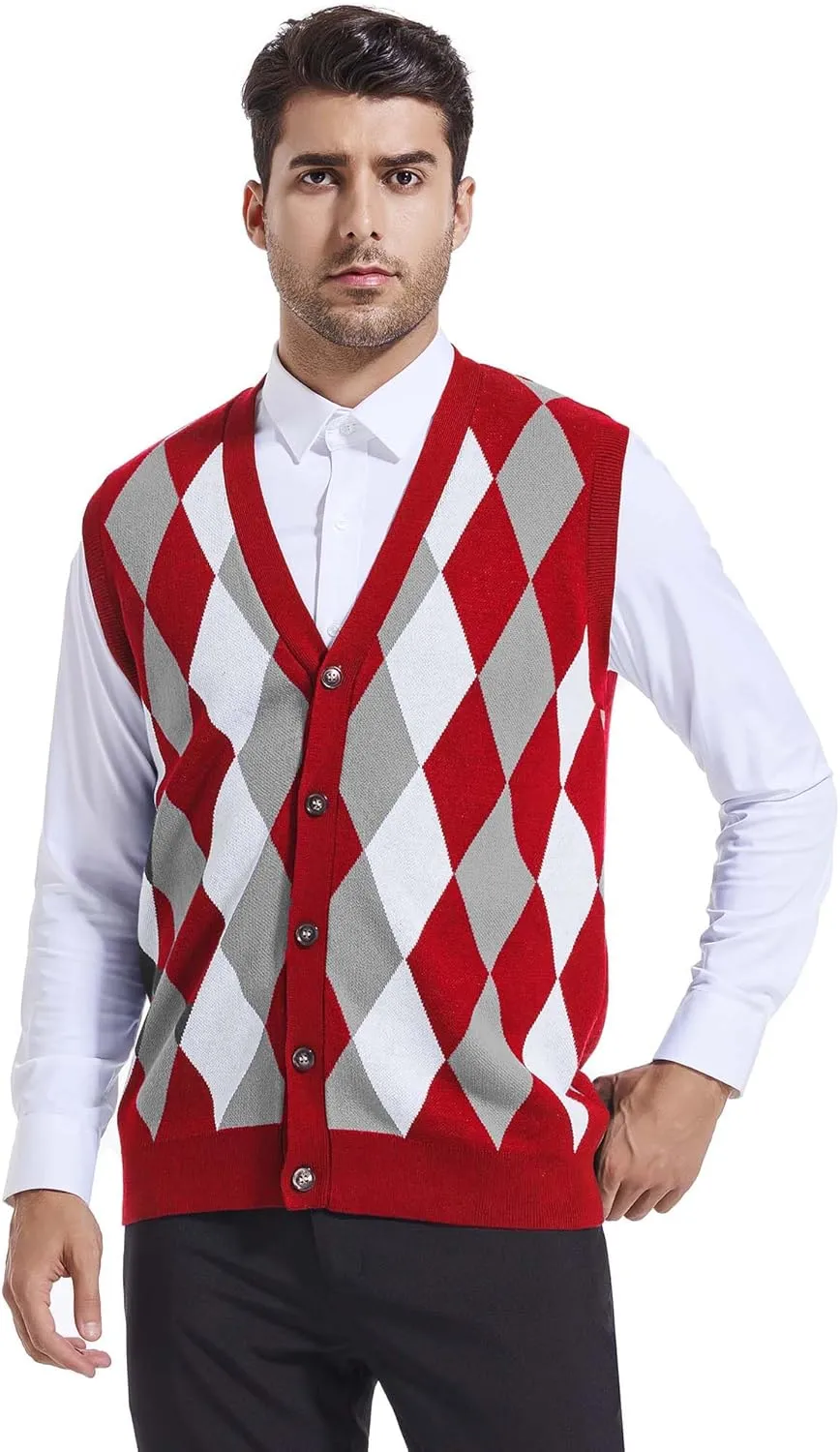 Beotyshow Mens Argyle Sweater Vests V Neck Sleeveless Cardigan Vest Knitwear