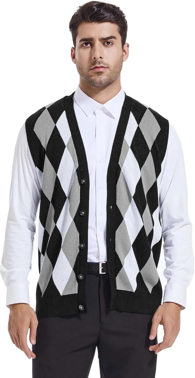 Beotyshow Mens Argyle Sweater Vests V Neck Sleeveless Cardigan Vest Knitwear
