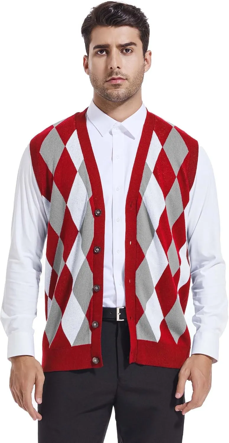 Beotyshow Mens Argyle Sweater Vests V Neck Sleeveless Cardigan Vest Knitwear