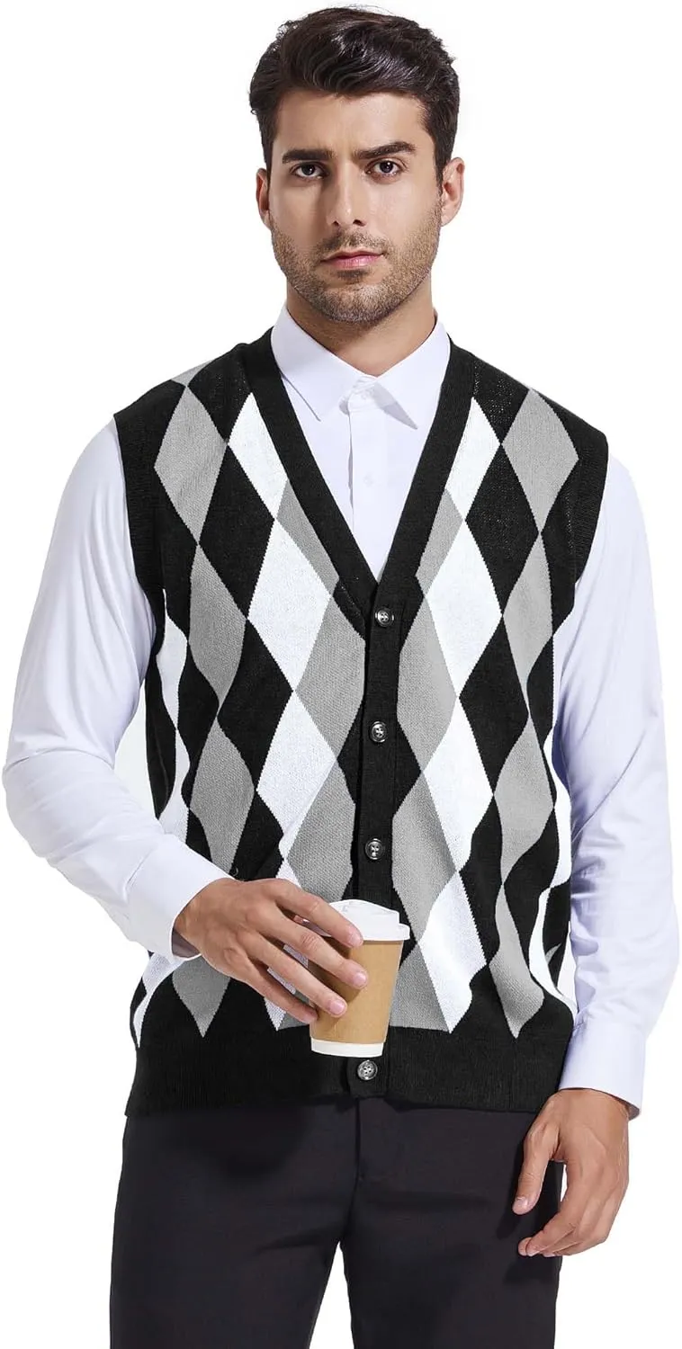 Beotyshow Mens Argyle Sweater Vests V Neck Sleeveless Cardigan Vest Knitwear