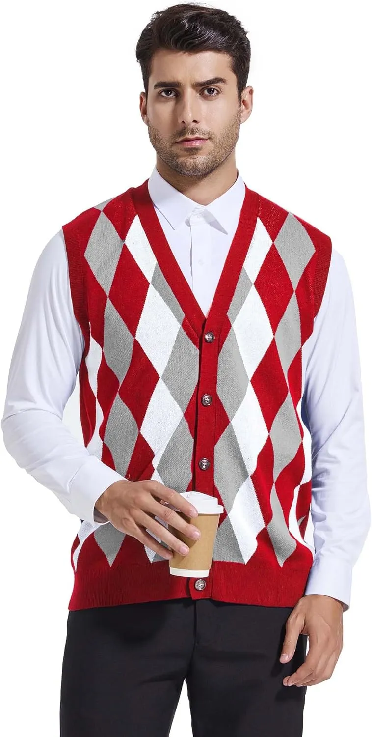 Beotyshow Mens Argyle Sweater Vests V Neck Sleeveless Cardigan Vest Knitwear