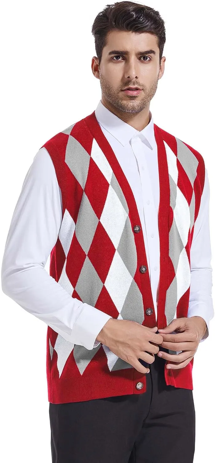 Beotyshow Mens Argyle Sweater Vests V Neck Sleeveless Cardigan Vest Knitwear