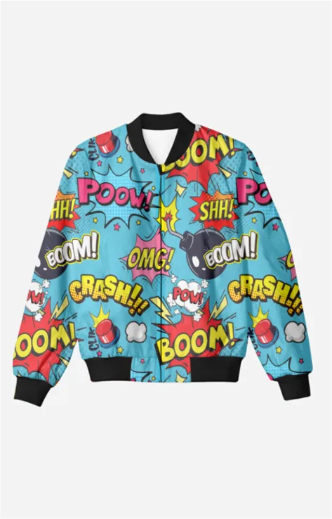 Blast of Style: Blue Pop Art Bomber Jacket with Bold Bomb Print