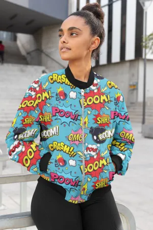 Blast of Style: Blue Pop Art Bomber Jacket with Bold Bomb Print