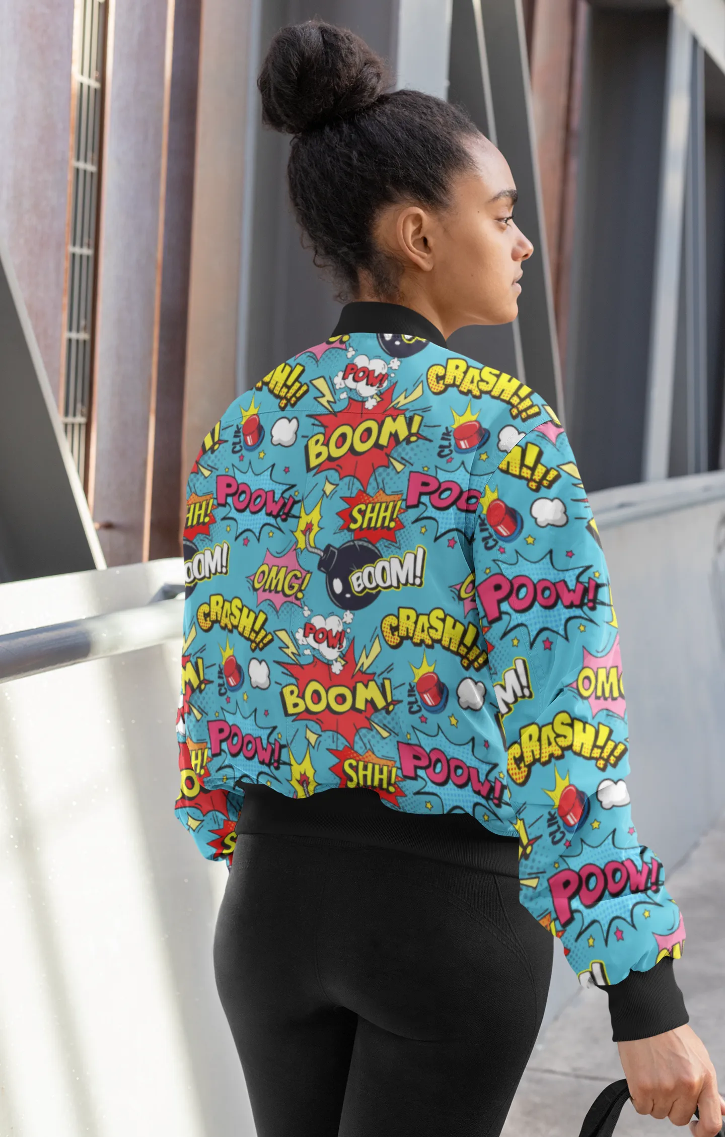 Blast of Style: Blue Pop Art Bomber Jacket with Bold Bomb Print