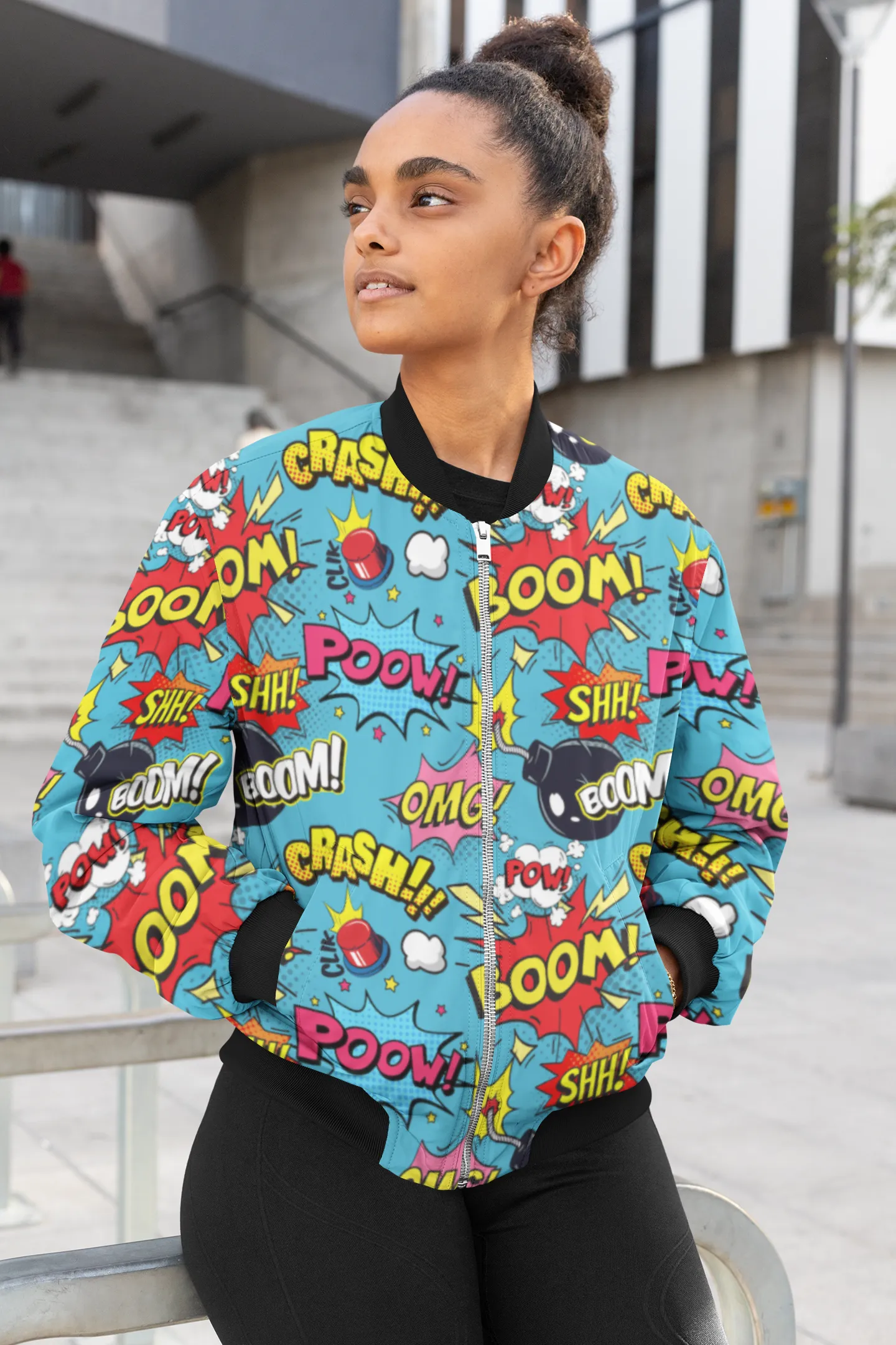Blast of Style: Blue Pop Art Bomber Jacket with Bold Bomb Print