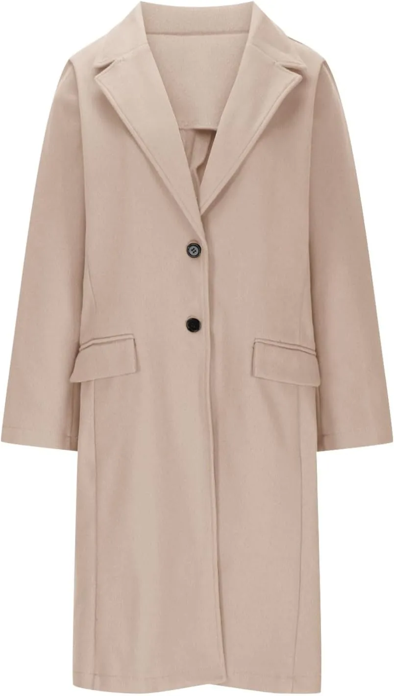 Borniu Womens Notched Lapel Collar Single Breasted Pea Coat Winter Wool Blend Over Coats Long Jackets Outerwear