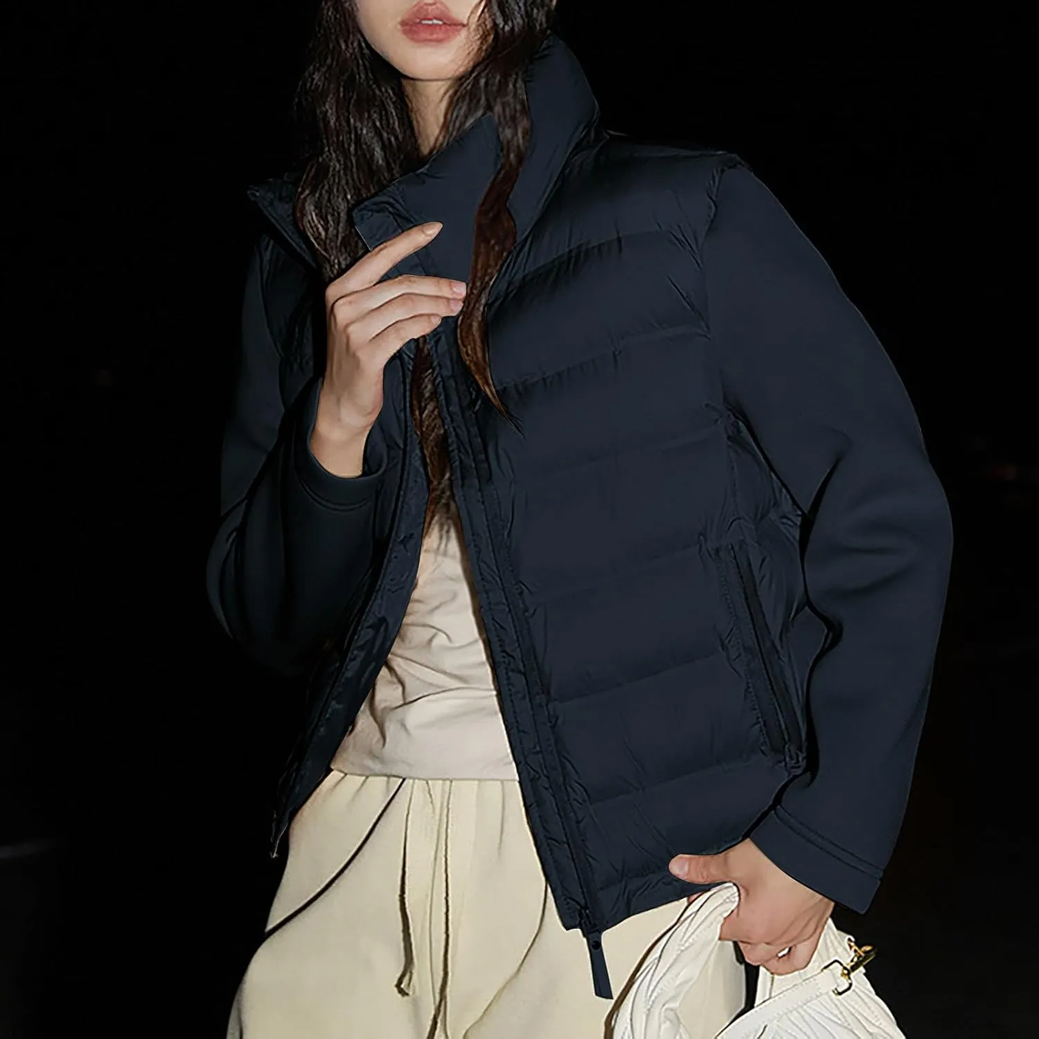 Borniu Womens Winter Cropped Puffer Jacket Coat Splice Short Warm Quilted Jacket Lightweight Down Coats with Pockets
