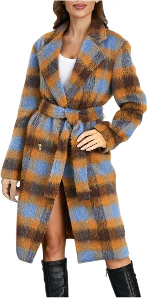 Borniu Women's Winter Plaid Double Breasted Midi Long Wool Blend Pea Coat Notch Lapel Winter Trench Coat with Belt
