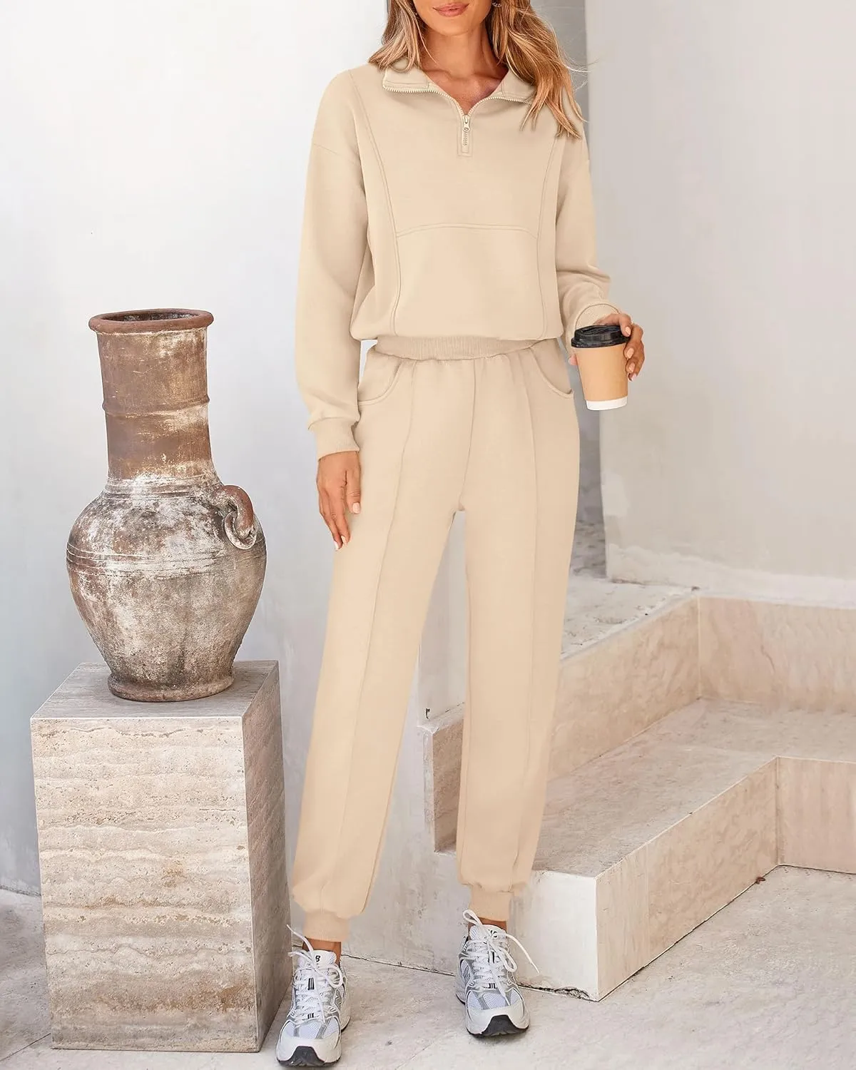 BTFBM Women 2024 Two Piece Tracksuits Sweatsuits Fall Winter Clothes Quarter Zip Sweatshirt Jogger Pants Y2K Lounge Sets