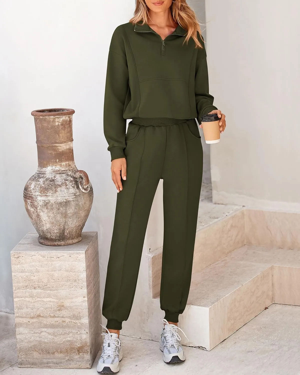 BTFBM Women 2024 Two Piece Tracksuits Sweatsuits Fall Winter Clothes Quarter Zip Sweatshirt Jogger Pants Y2K Lounge Sets