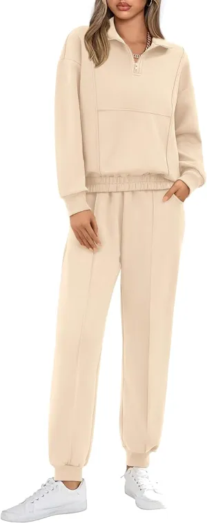BTFBM Women 2024 Two Piece Tracksuits Sweatsuits Fall Winter Clothes Quarter Zip Sweatshirt Jogger Pants Y2K Lounge Sets
