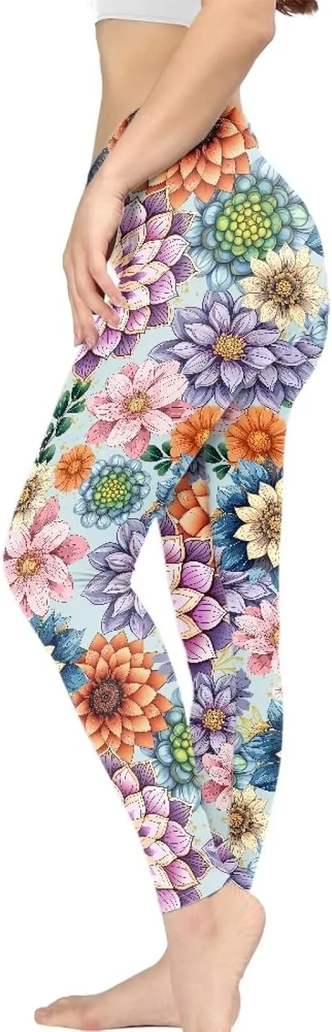 Bulopur Rose Workout Leggings for Women, Boho Stretch Pants for Sports Running Fitness, High Waist Tummy Control Yoga Pant
