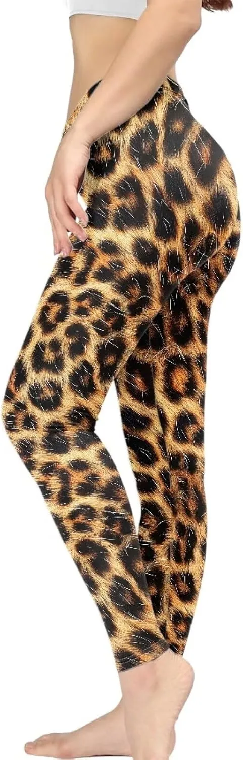 Bulopur Sunflower Workout Legging Pants Full Length, Leopard Women Tummy Control Yoga Pants, Long Leggings for Sport Running