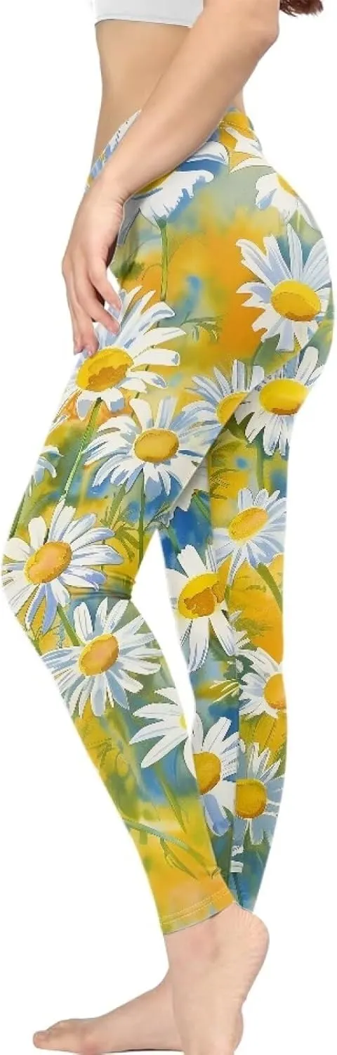 Bulopur Sunflowers Daisy Flower Yoga Pants for Women, Workout Leggings Stretch Yoga Pants Full Length