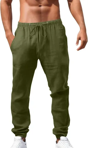 Cargo Work Pant Mens Linen Casual Chino Pants Workout Running Gym Sweatpant with Pockets Relaxed Fit Joggers