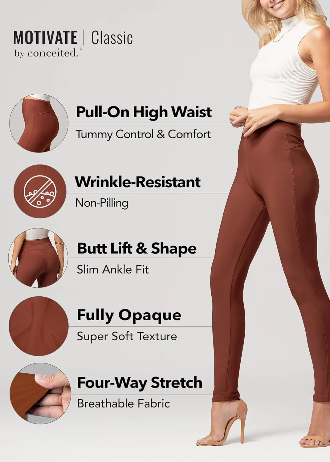 Conceited Stretch Ponte Pants for Women - Dressy Leggings - High Waist Shaping Butt Lifting