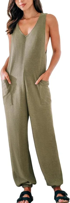 CUPSHE Women's Jumpsuits Waffle Knit Patch Pocket Overall Sleeveless Outfit Casual