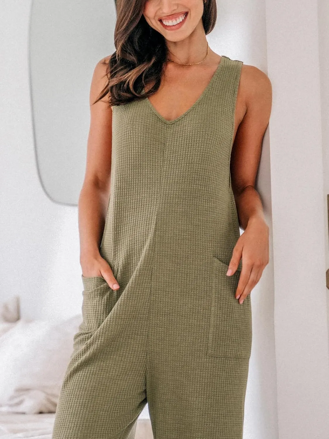 CUPSHE Women's Jumpsuits Waffle Knit Patch Pocket Overall Sleeveless Outfit Casual