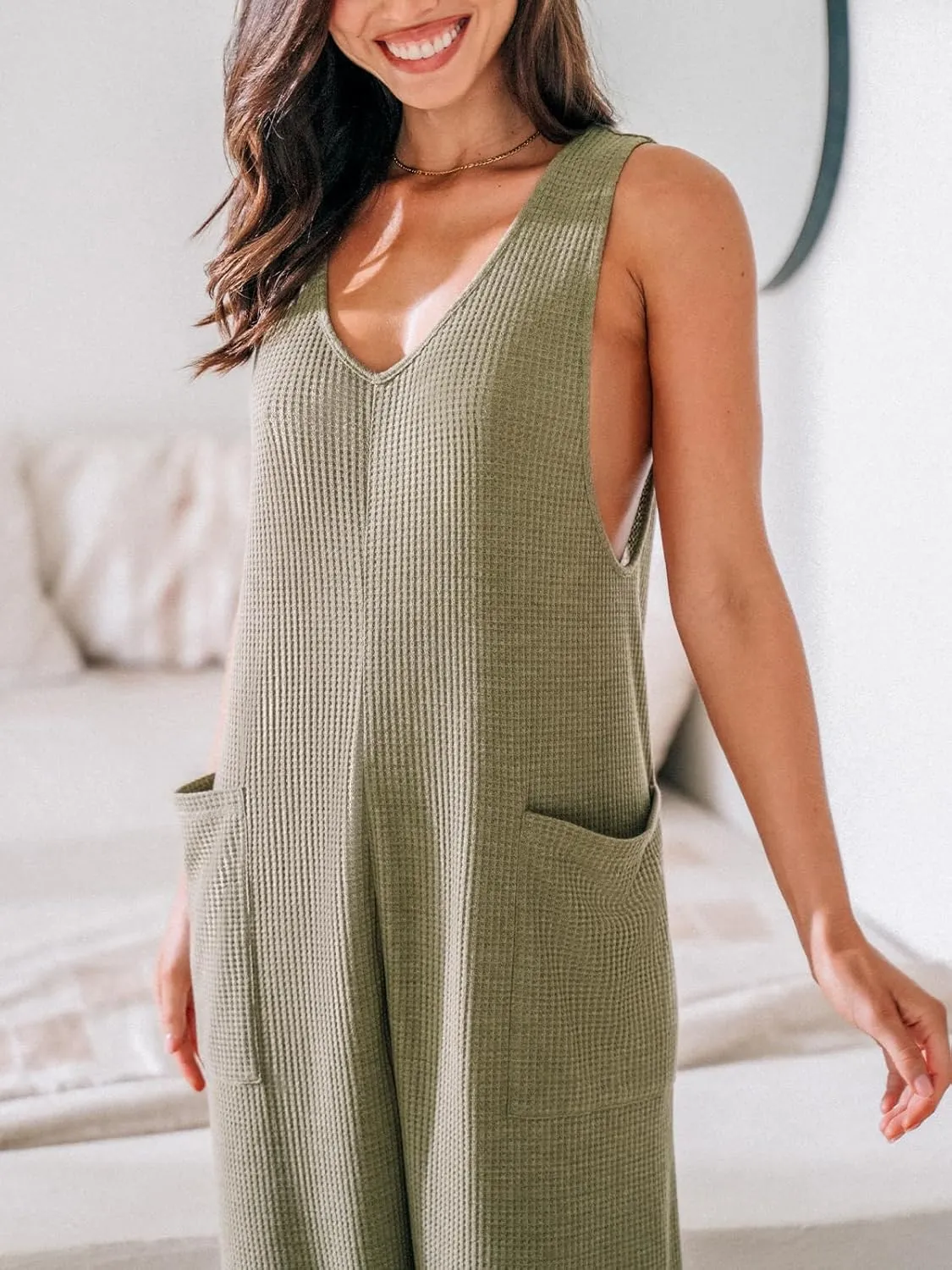 CUPSHE Women's Jumpsuits Waffle Knit Patch Pocket Overall Sleeveless Outfit Casual