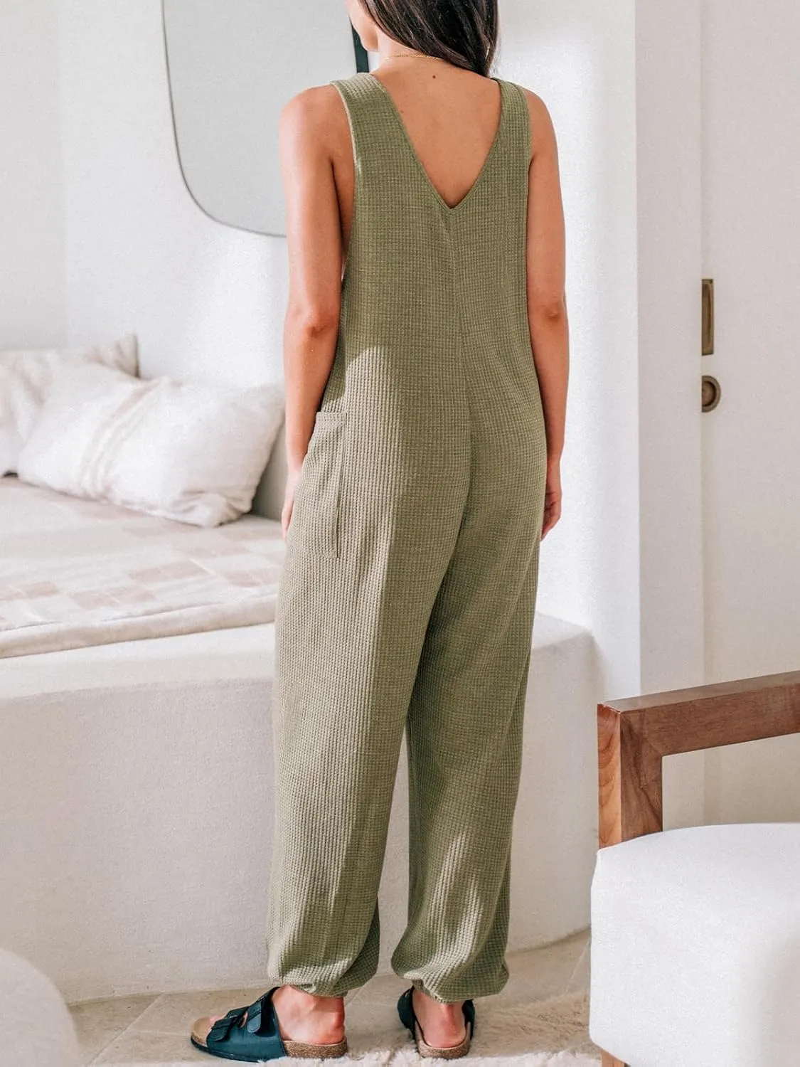 CUPSHE Women's Jumpsuits Waffle Knit Patch Pocket Overall Sleeveless Outfit Casual