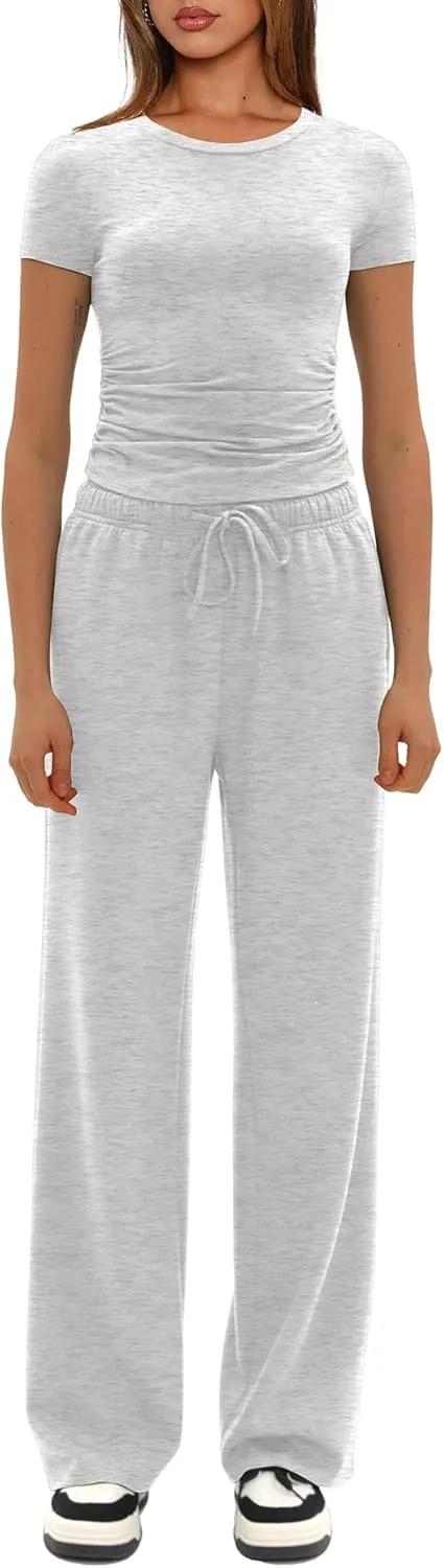 Darong Women's 2 Piece Outfits Casual Short Sleeve Pullover Tops and Wide Leg Pants Tracksuits Lounge Sets Trendy Clothes