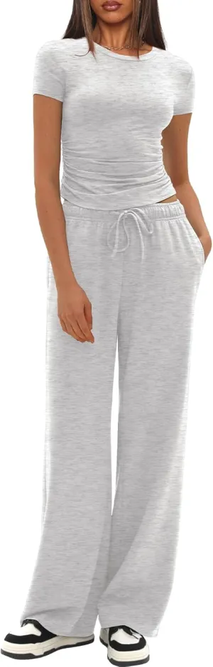 Darong Women's 2 Piece Outfits Casual Short Sleeve Pullover Tops and Wide Leg Pants Tracksuits Lounge Sets Trendy Clothes
