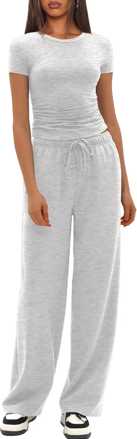 Darong Women's 2 Piece Outfits Casual Short Sleeve Pullover Tops and Wide Leg Pants Tracksuits Lounge Sets Trendy Clothes