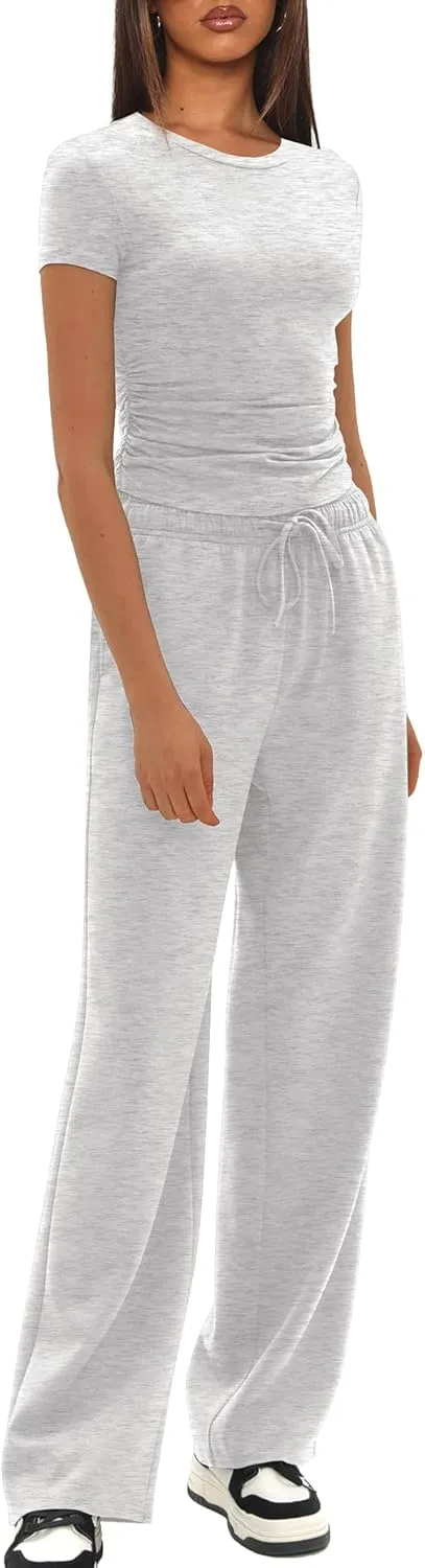 Darong Women's 2 Piece Outfits Casual Short Sleeve Pullover Tops and Wide Leg Pants Tracksuits Lounge Sets Trendy Clothes