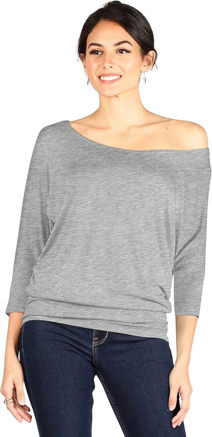 Dolman Tops for Women Off The Shoulder Tops Banded Waistband Shirts 3/4 Sleeves Regular and Plus Size Tops