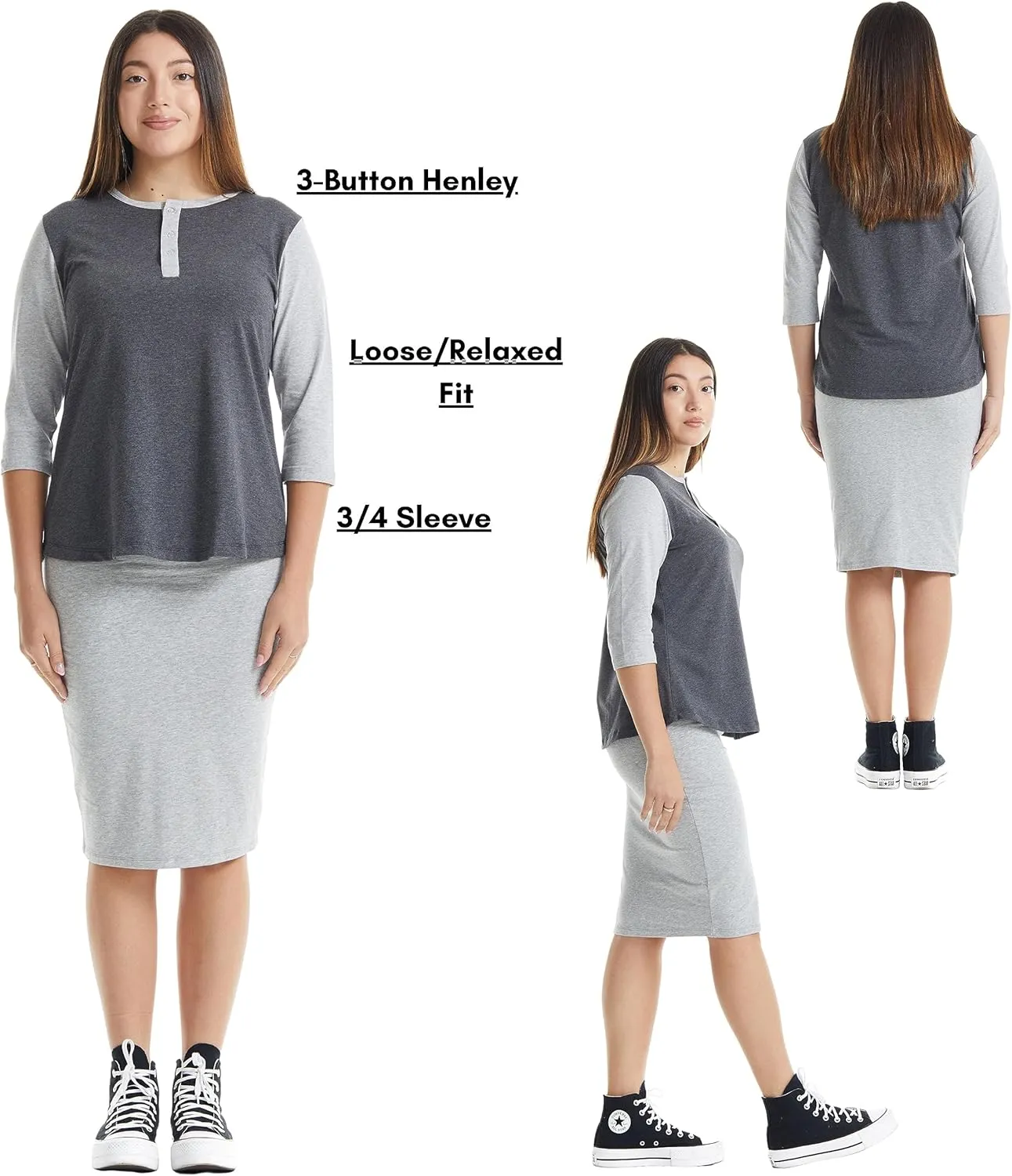 ESTEEZ 3/4 Sleeve Cotton Spandex Casual Henley Tops for Women